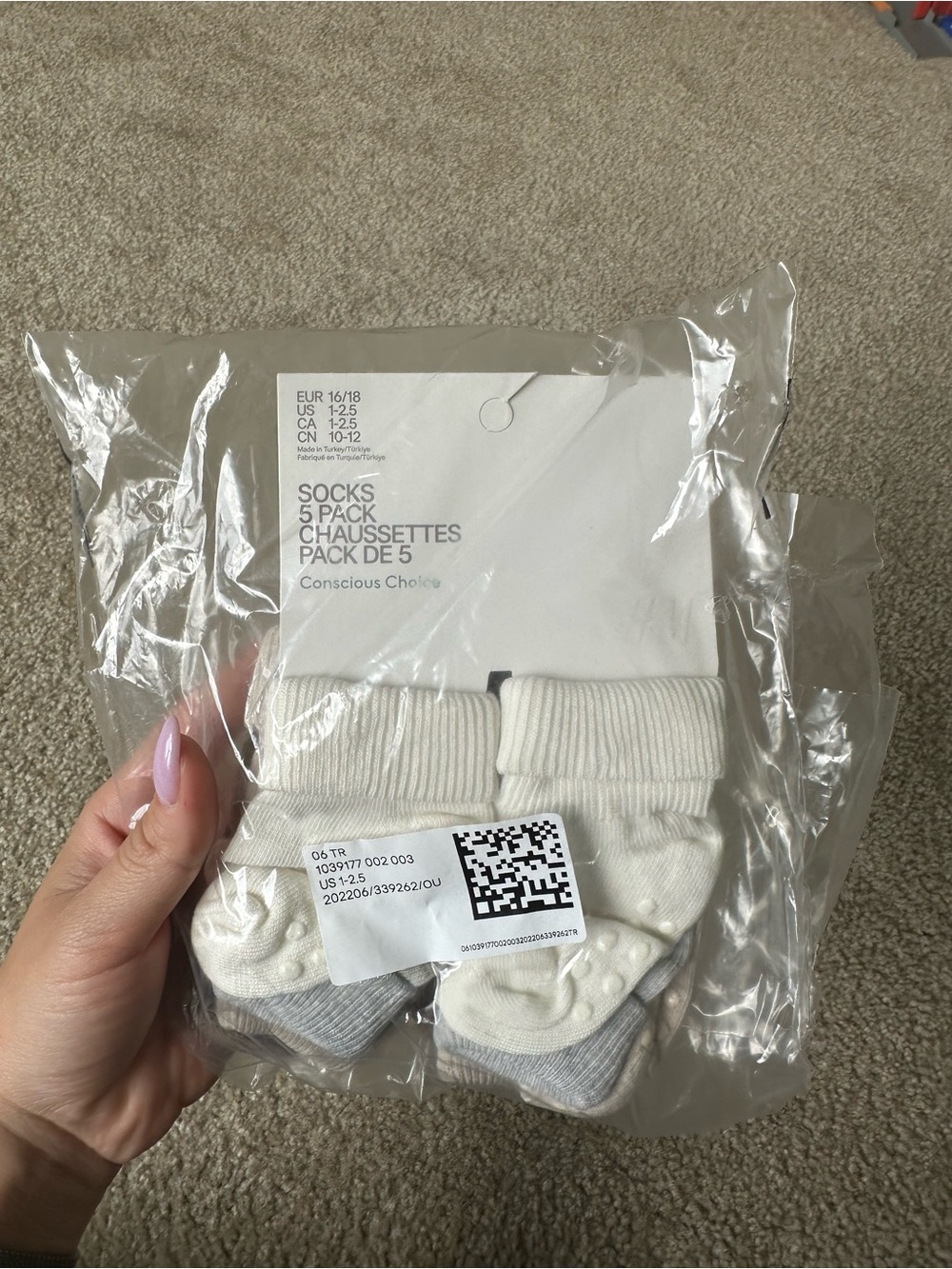NEW H&M Baby Non-Slip Socks 5-Pack | White & Gray Organic Cotton, 12-24 months